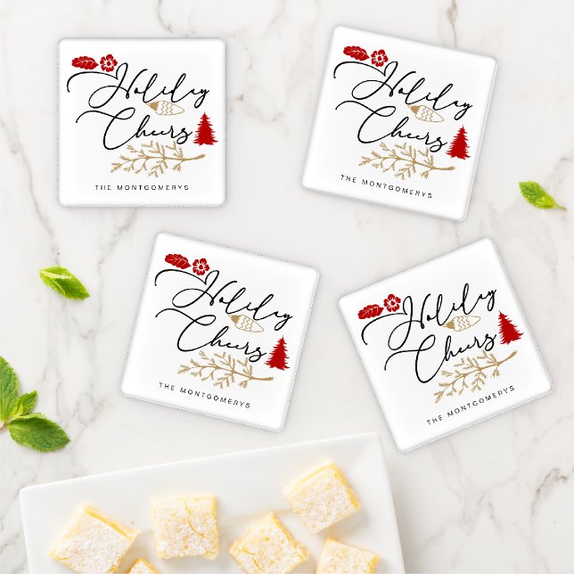 Holiday Cheers Red Holly Christmas Coaster Set (In Situ)