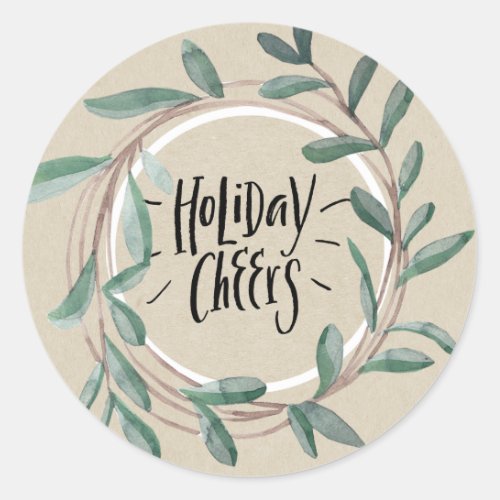 Holiday Cheers Rustic Kraft Botanical Leaf Wreath Classic Round Sticker