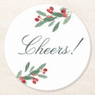 Holiday Cheers Watercolor Berries and Leaves Round Paper Coaster Holiday Cheers Watercolor Berries and Leaves Round Paper Coaster