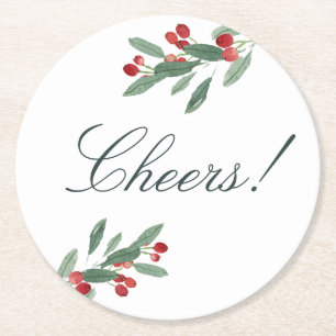 Holiday Cheers Watercolor Berries and Leaves Round Paper Coaster