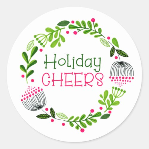 Holiday Cheers Wreath Green Foliage Pink Classic Round Sticker