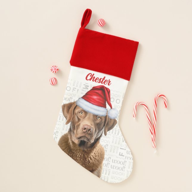 Holiday Chesapeake Bay Retriever Dog with Name Christmas Stocking (Front)