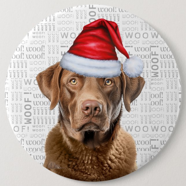 Holiday Chesapeake Santa Dog on Woof Background Button (Front)
