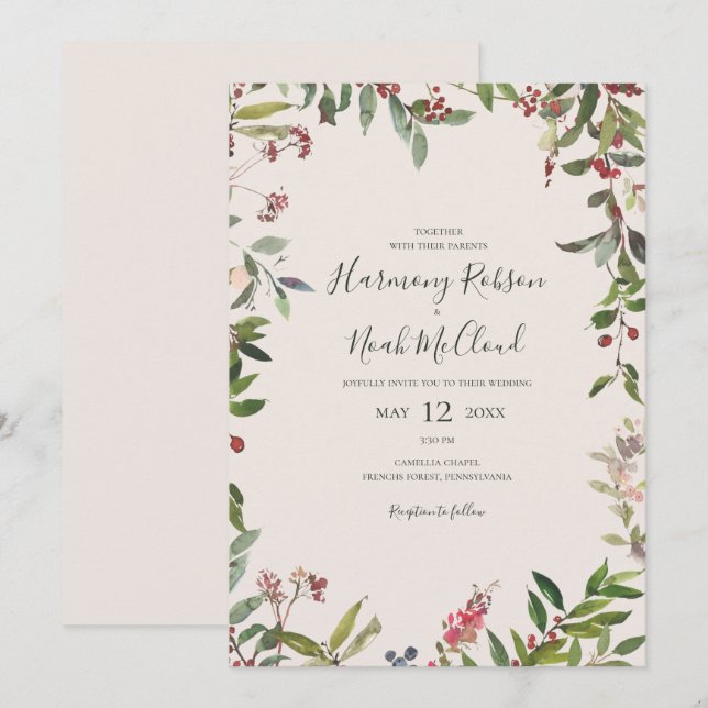 Holiday Chic Botanical | Champagne Casual Wedding  Invitation (Front/Back)