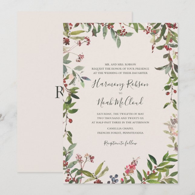 Holiday Chic Botanical | Champagne Wedding Invitat Invitation (Front/Back)