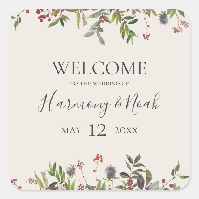 Holiday Chic Botanical | Champagne Wedding Welcome Square Sticker (Front)