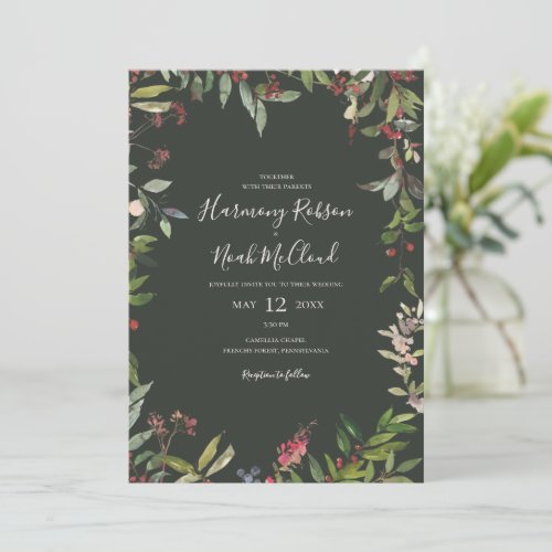 Holiday Chic Botanical  Dark Green All In One Inv Invitation