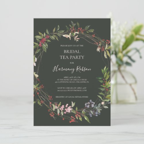 Holiday Chic Botanical Dark Green Bridal Tea Party Invitation