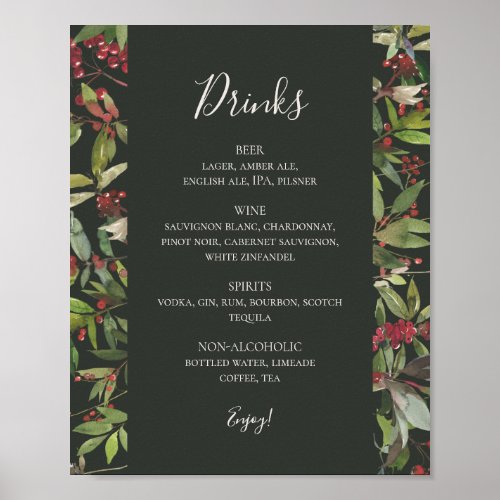 Holiday Chic Botanical  Dark Green Drinks Menu  Poster