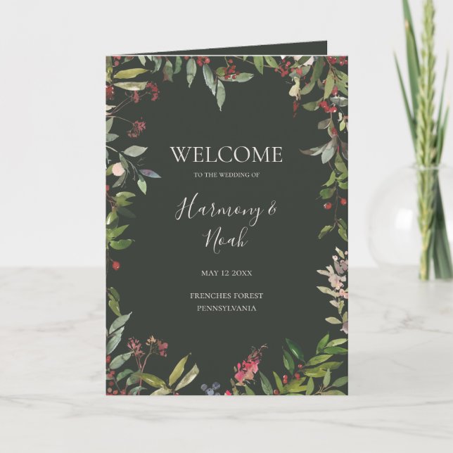 Holiday Chic Botanical | Dark Green Folded Wedding Program (Front)