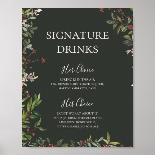 Holiday Chic Botanical Dark Green Signature Drinks Poster