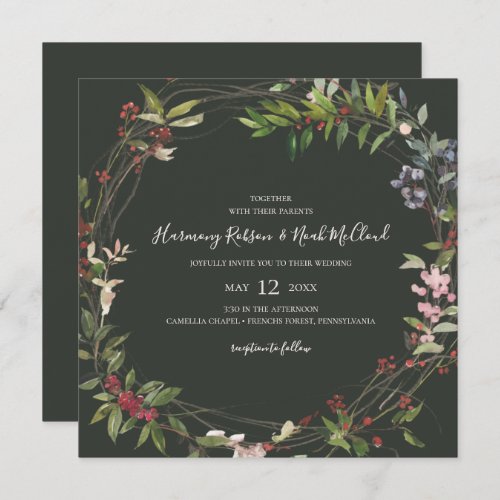 Holiday Chic Botanical  Dark Green Square Wedding Invitation