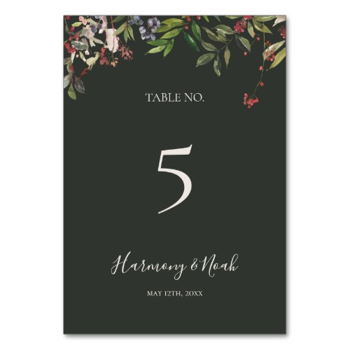 Holiday Chic Botanical  Dark Green Table Number