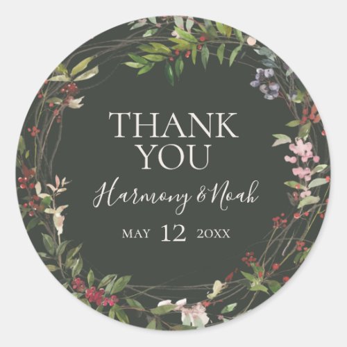 Holiday Chic Botanical Dark Green Thank You Favor Classic Round Sticker