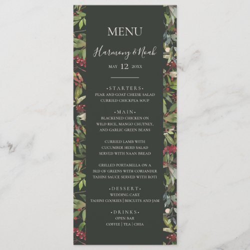 Holiday Chic Botanical  Dark Green Wedding Dinner Menu