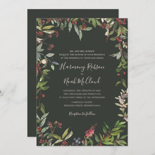 Holiday Chic Botanical  Dark Green Wedding Invita Invitation
