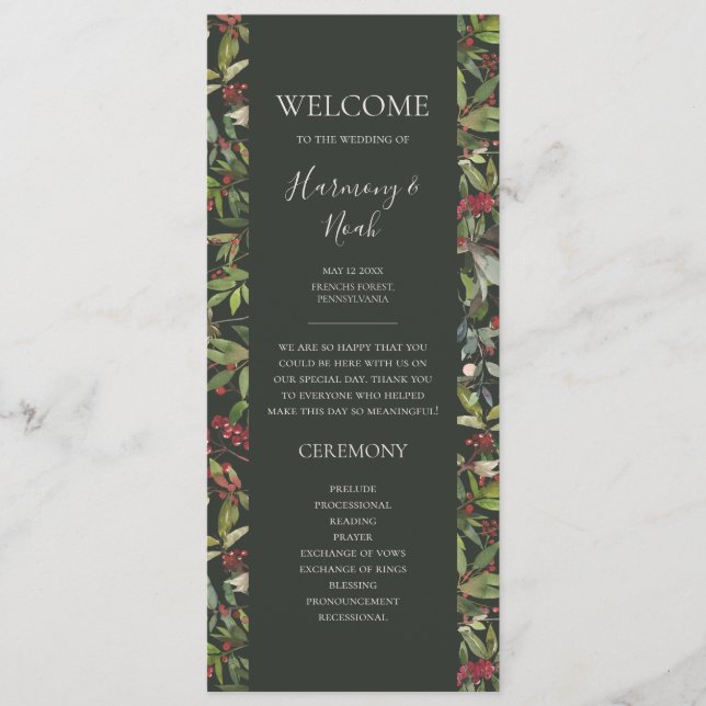 Holiday Chic Botanical Dark Green Wedding Program (Front)
