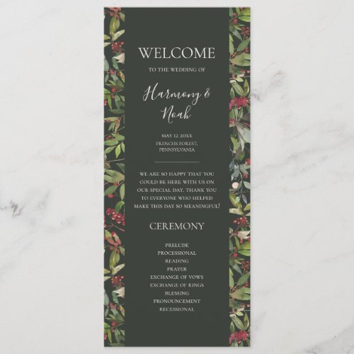 Holiday Chic Botanical Dark Green Wedding Program