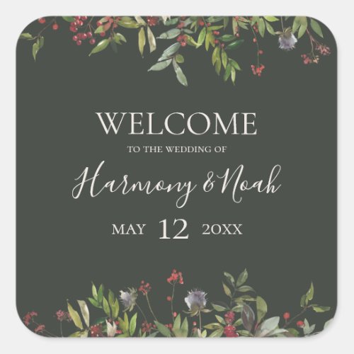 Holiday Chic Botanical Dark Green Wedding Welcome Square Sticker