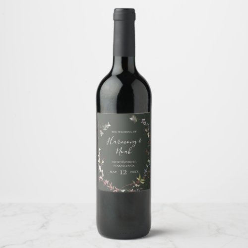 Holiday Chic Botanical  Dark Green Wedding Wine Label