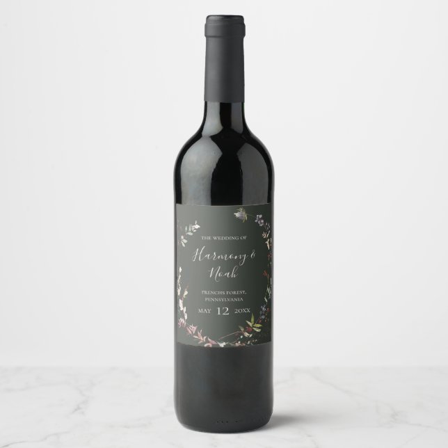 Holiday Chic Botanical | Dark Green Wedding Wine Label (Front)