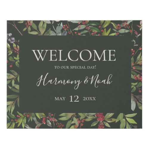 Holiday Chic Botanical  Dark Green Welcome Faux Canvas Print