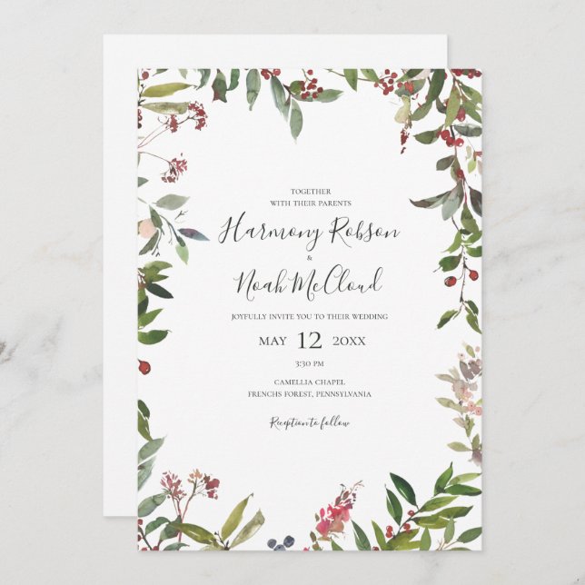 Holiday Chic Botanical | White Casual Wedding Invitation (Front/Back)