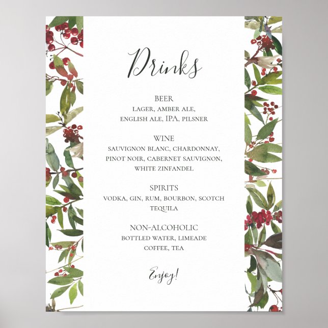 Holiday Chic Botanical | White Drinks Menu Poster (Front)