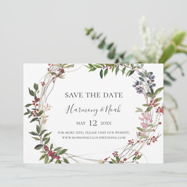 Holiday Chic Botanical | White Horizontal Save The Date (Standing Front)