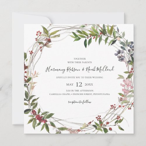 Holiday Chic Botanical  White Square Wedding Invitation