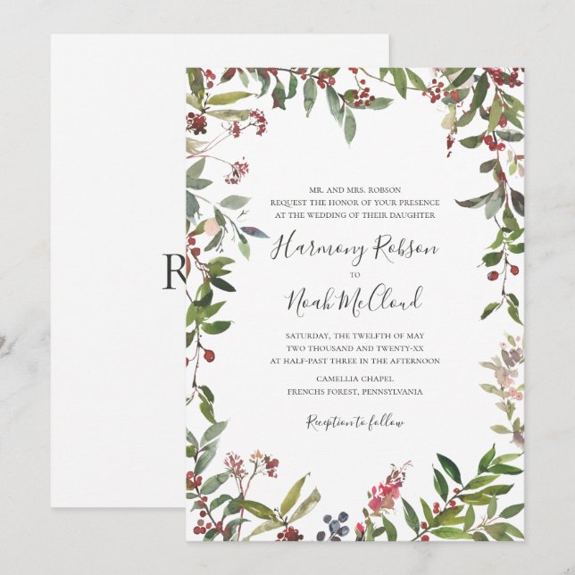 Holiday Chic Botanical | White Wedding Invitation (Front/Back)