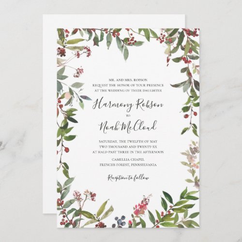 Holiday Chic Botanical  White Wedding Invitation