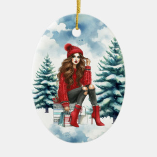 Holiday Chic Brunette Red Fashion Personalized Ceramic Ornament