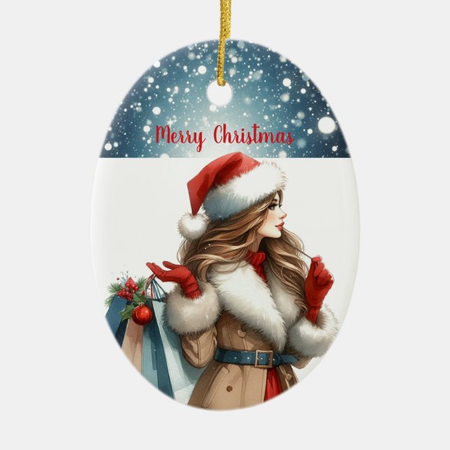 Holiday Chic Brunette Red Fashion Personalized Ceramic Ornament (Front)
