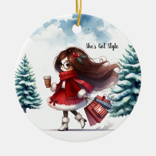 Holiday Chic Styled Brunette Fashion Personalized  Ceramic Ornament (Front)