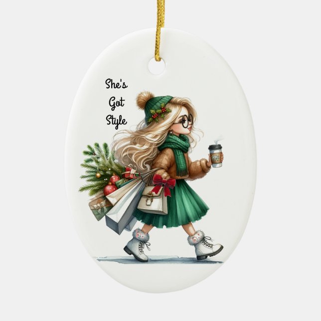 Holiday Chic Stylish Blond Fashion Personalized  Ceramic Ornament (Front)