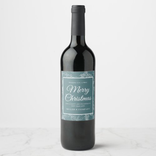 Holiday Chic Teal Floral Corporate Christmas Party Wine Label