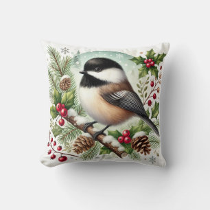 Holiday Chickadee Throw Pillow