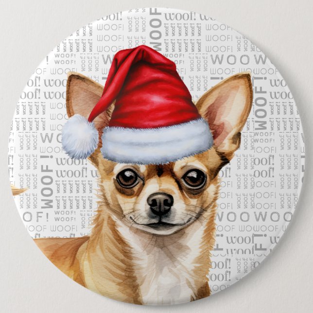 Holiday Chihuahua Santa Dog on Woof Background Button (Front)