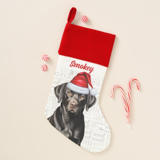 Holiday Chocolate Lab Santa Dog with Name Christmas Stocking (Front)