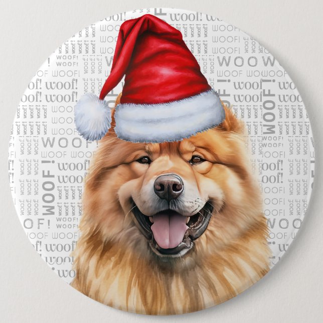 Holiday Chow Chow Santa Dog on Woof Background Button (Front)