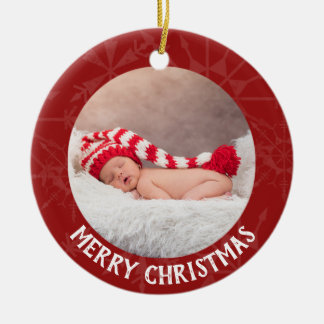 Holiday Christmas 2 Photo Year Red Snowflake Ceramic Ornament