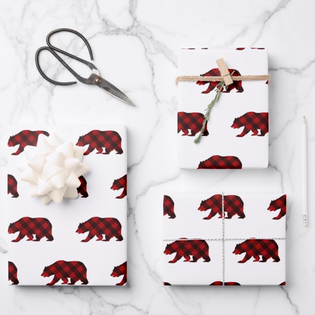 Holiday Christmas bear red plaid winter  Wrapping Paper Sheets (Front)