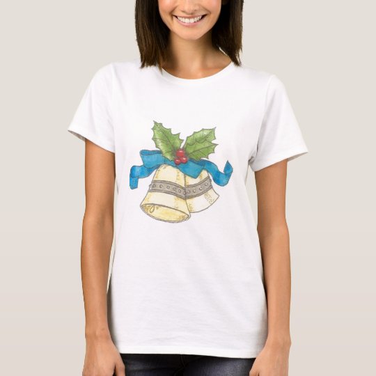 Holiday Christmas Bells Holly Blue Ribbon Design T-Shirt