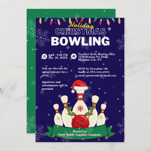 Holiday Christmas Bowling Blue & Green Snow Party Invitation