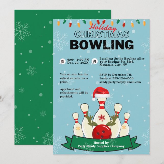 Holiday Christmas Bowling LT Blue Green Snow Party Invitation (Front/Back)