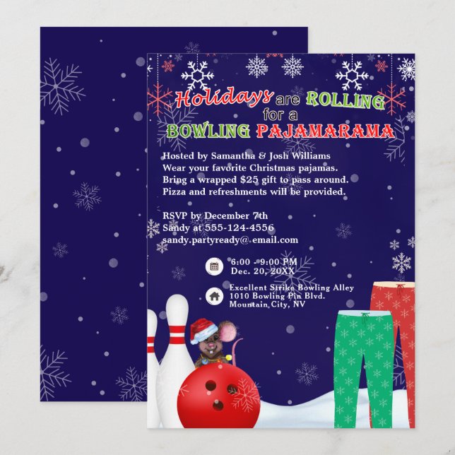 Holiday Christmas Bowling Pajama Pizza Party Blue Invitation (Front/Back)