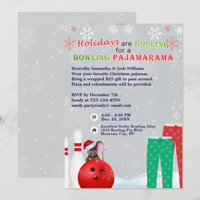 Holiday Christmas Bowling Pajama Pizza Party Gray Invitation (Front/Back)