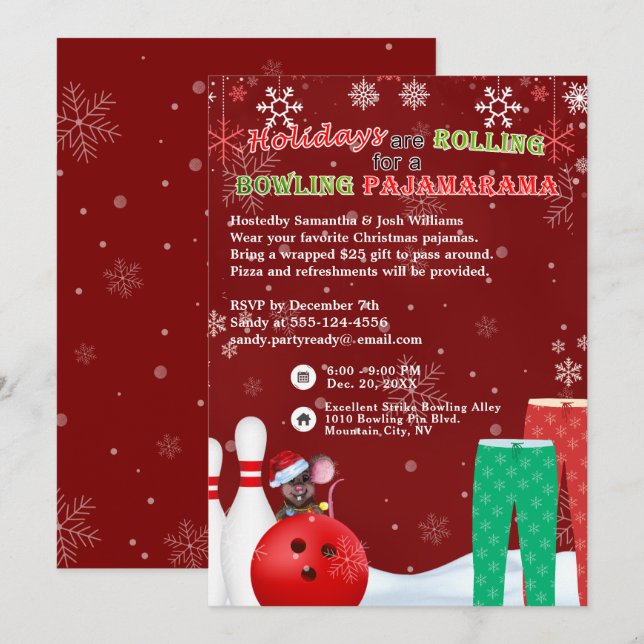Holiday Christmas Bowling Pajama Pizza Party Red Invitation (Front/Back)