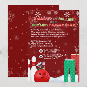 Holiday Christmas Bowling Pajama Pizza Party Red Invitation
